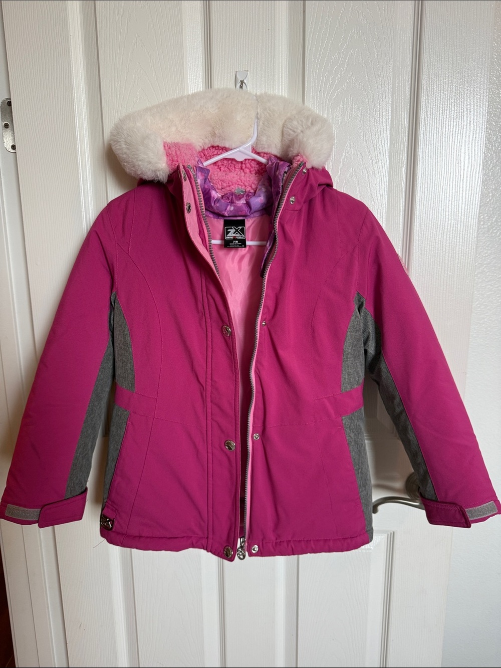 Girls' (Sz 7/8) Interchangeable Pink Faux-Fur Hooded Winter Jacket